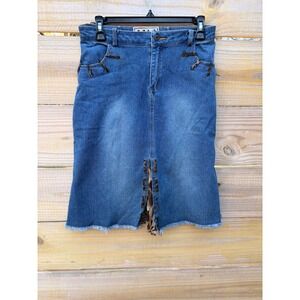 Solo cheetah Blue Denim Midi Skirt Leopard Lace  Front Slit Frayed Hem Size 11